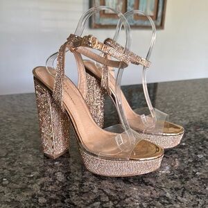 Olivia Ferguson Gold Chunky Platform Heels with Shimmering Straps 8